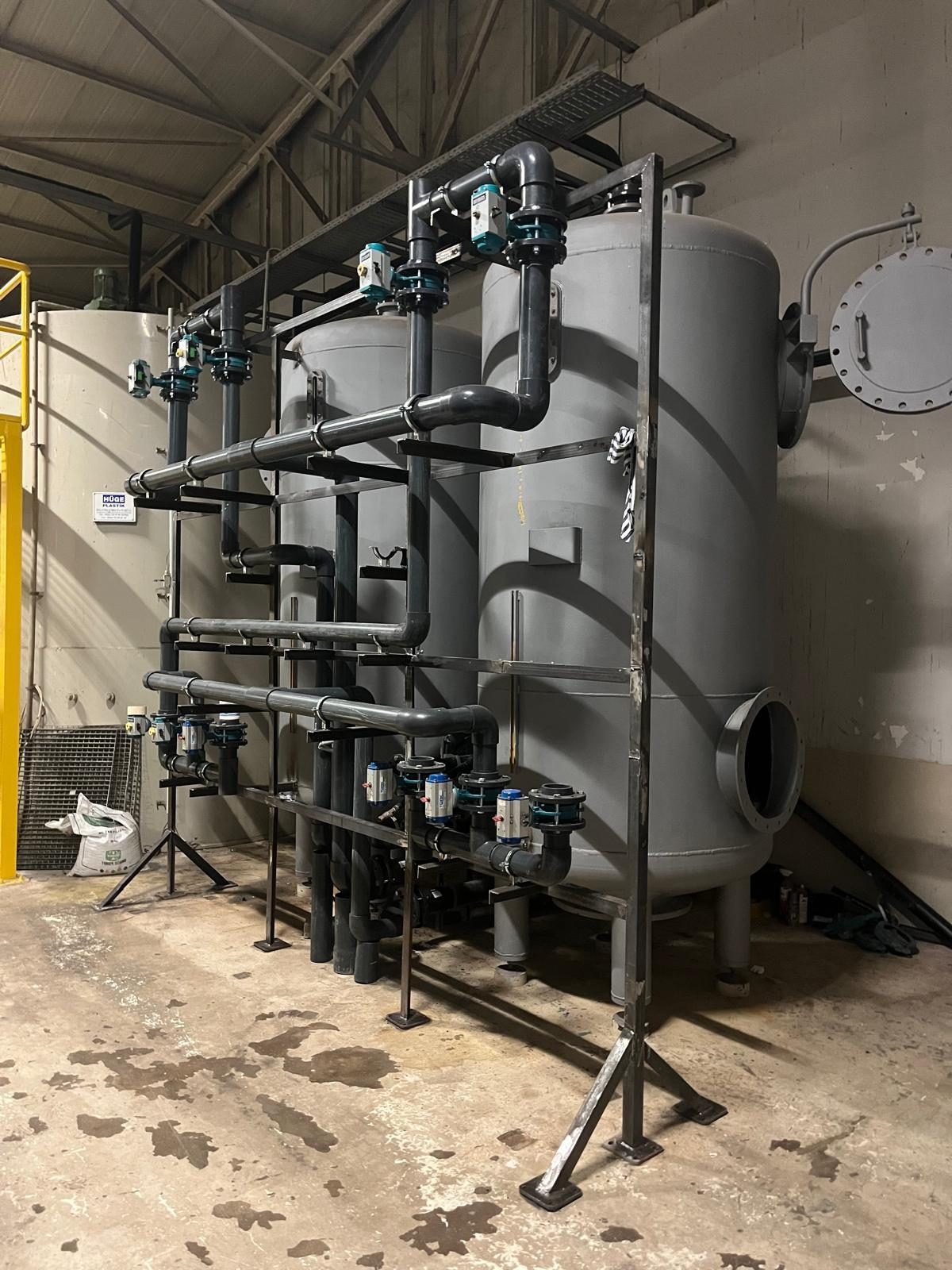 Beko-Arçelik Eskişehir — pressure filter tanks and automated valve manifold being installed by GESU