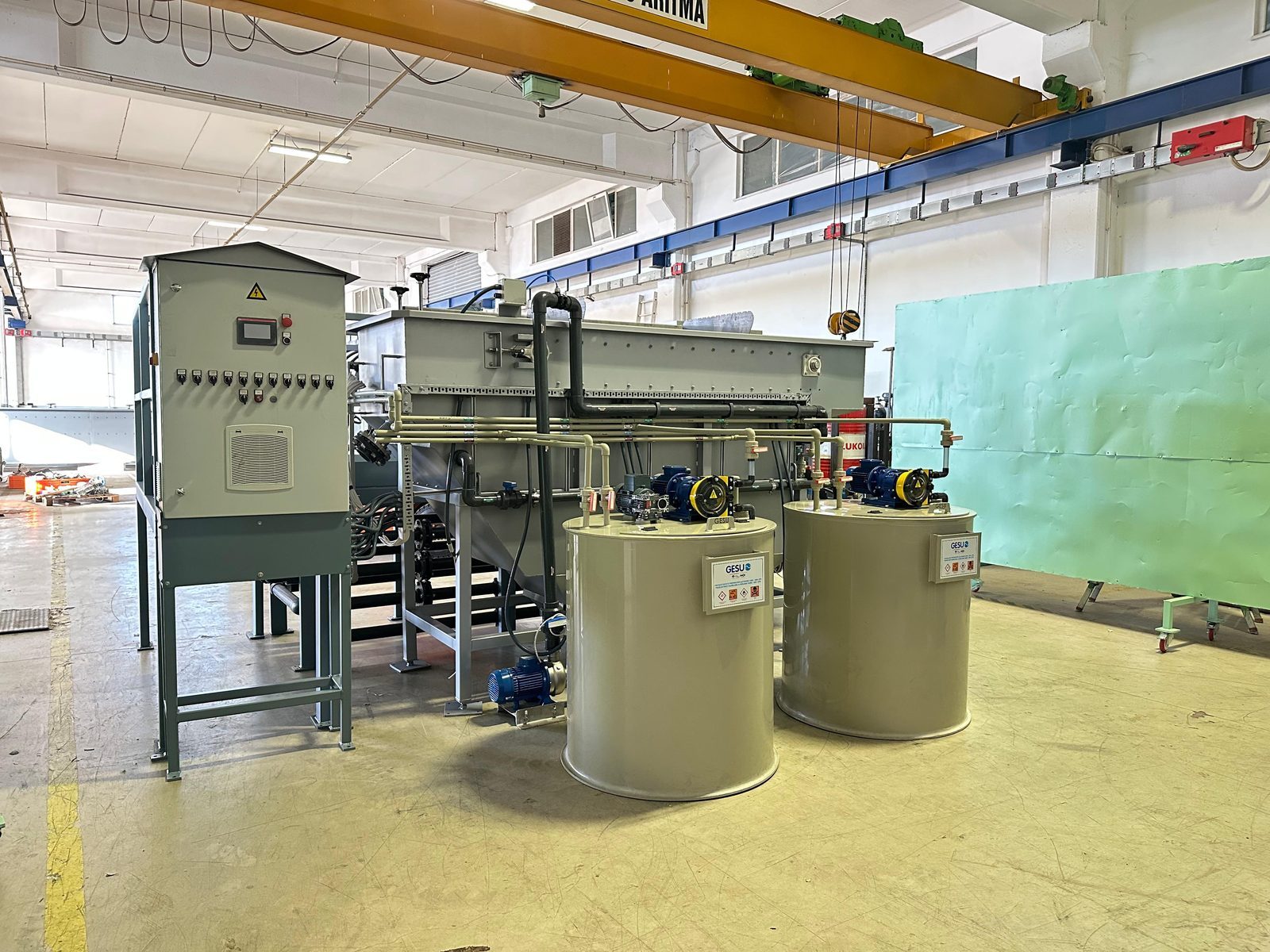 Packaged GESU DAF system — with PLC control panel and chemical dosing tanks, at our factory
