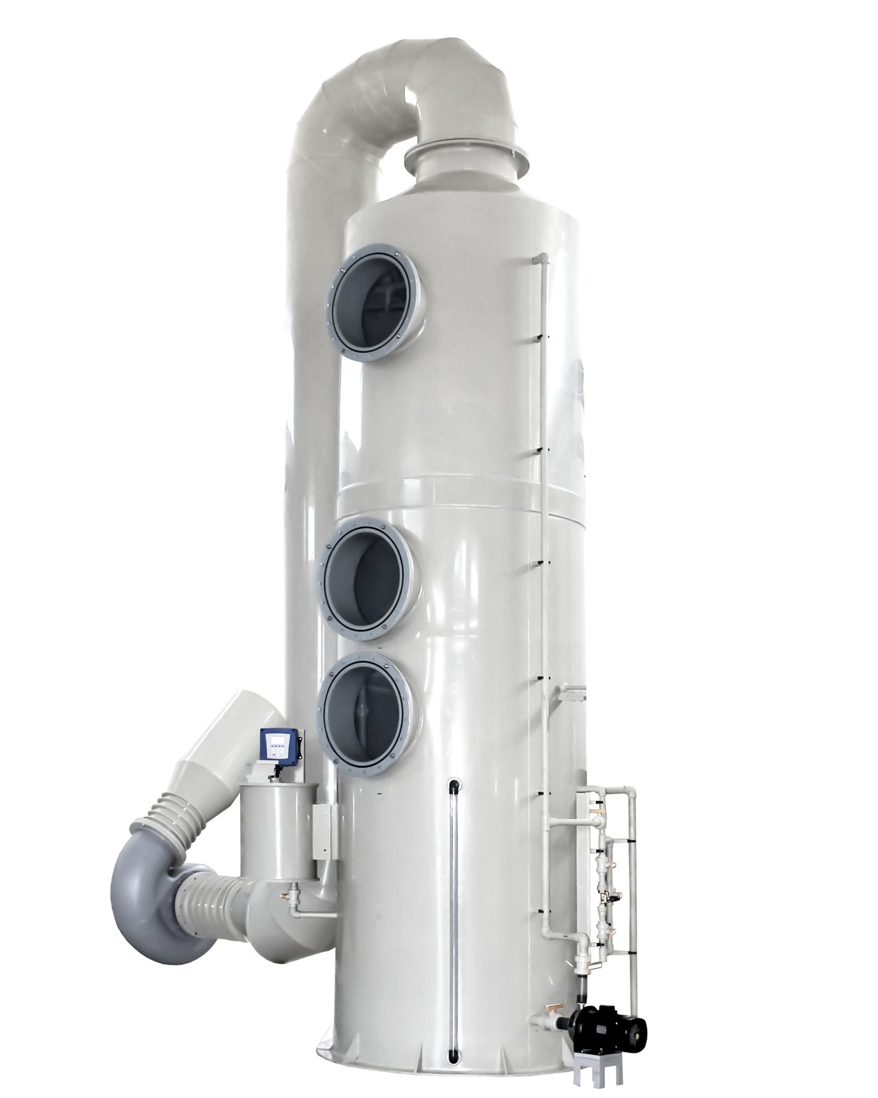 GESU PP bodied scrubber gas washing tower with fan, recirculation line and control instrument — studio photograph